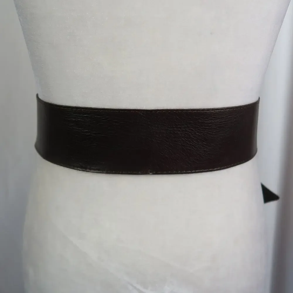 Streets Ahead Wide Dark Brown Leather Waist Belt Gold Adjustable Buckle M